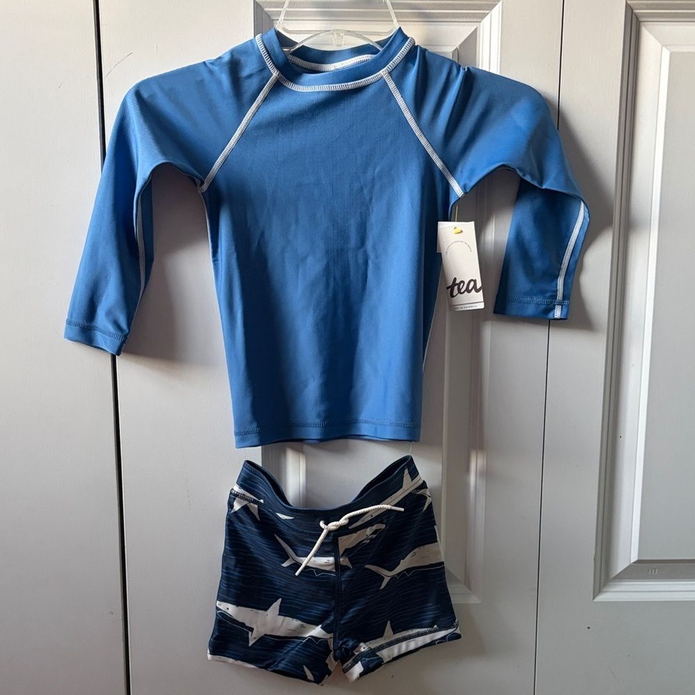 Tea Collection Rash Guard Swim Top and Shark-Print Swim Trunks Size 3T NWT